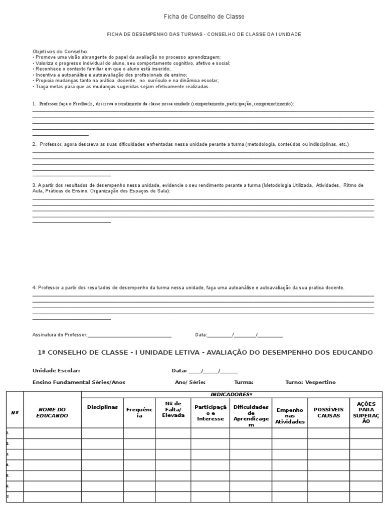 Ficha de Conselho de Classe | PDF | Professores | Aprendizado
