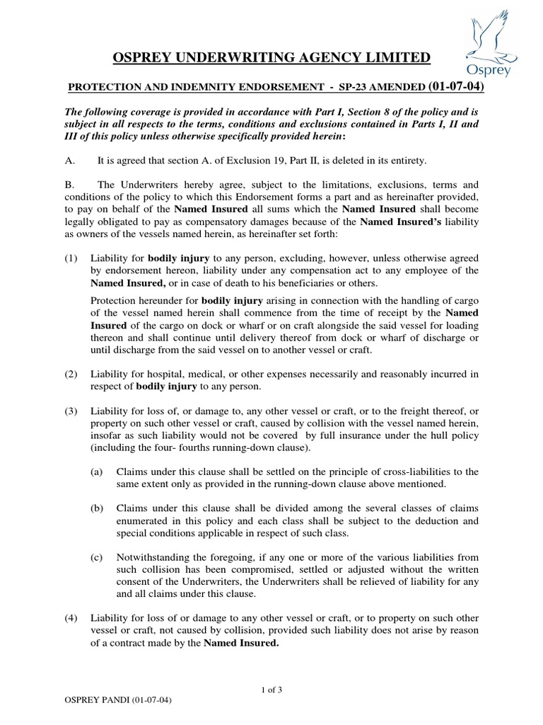 Protection and Indemnity Endorsement - SP-23 Amended 01.07.04 | PDF ...