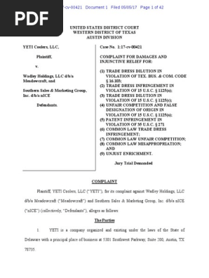Yeti Coolers v. Wadley Holdings - Complaint