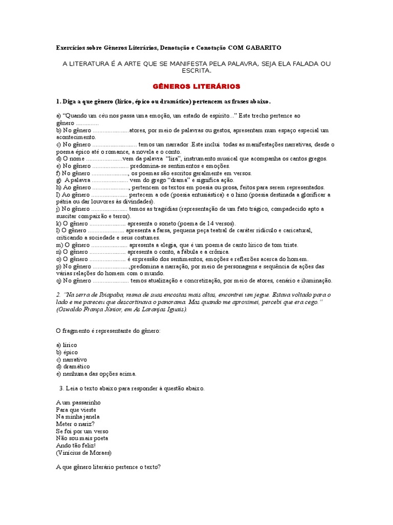 Exercícios Sobre Gêneros Literários | PDF | Poesia