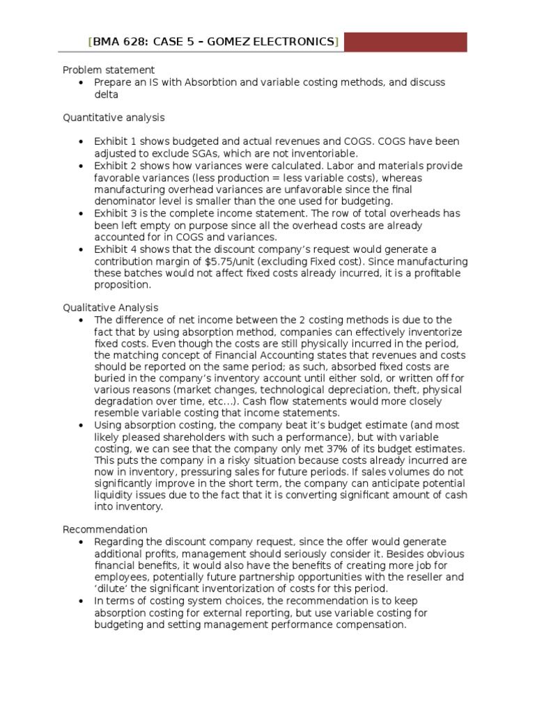 Gomez Electronics Costing Analysis | PDF