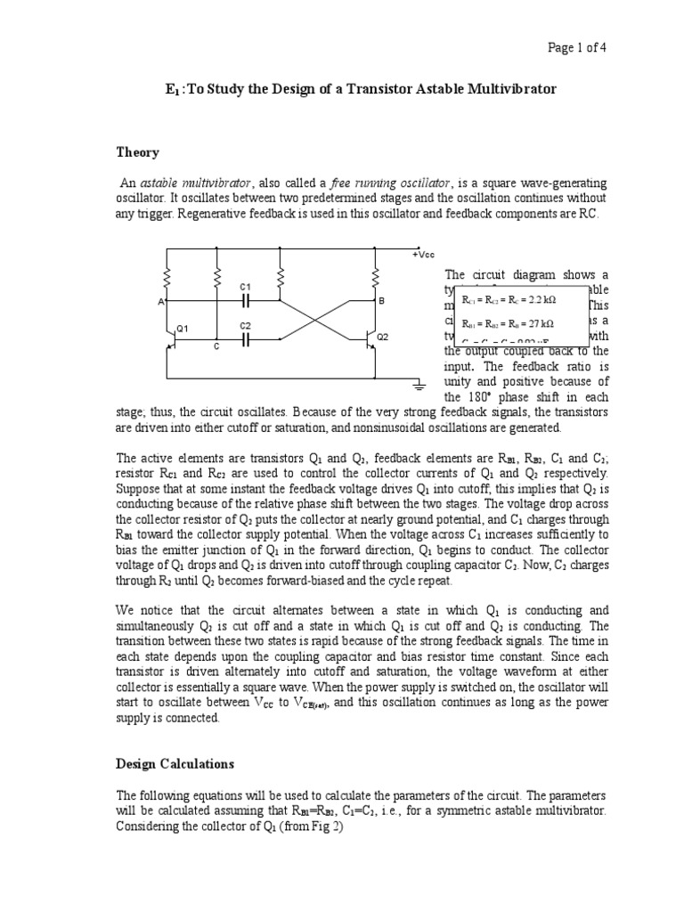 E:To Study The Design of A Transistor Astable Multivibrator | PDF ...