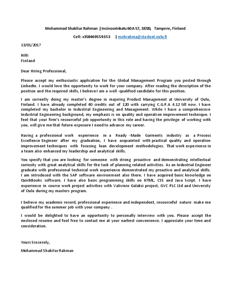 Motivation Letter For Global Management Program | PDF