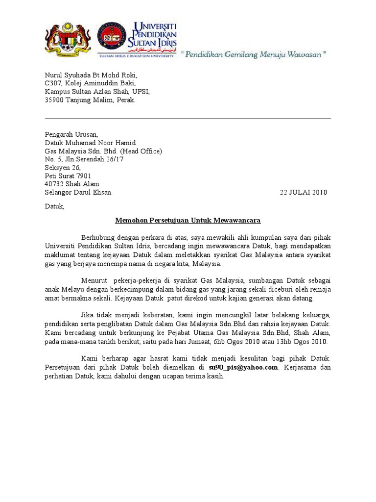 Contoh Surat Kebenaran Menemuramah