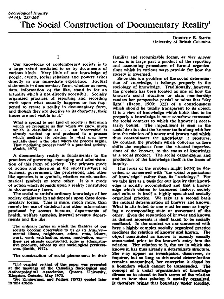 Dorothy E. Smith PDF Sociology Social Constructionism