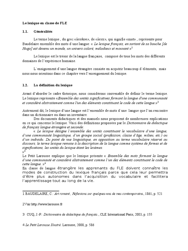 Lexique en FLE : Définition et Enseignement | PDF | Lexique | Dictionnaire