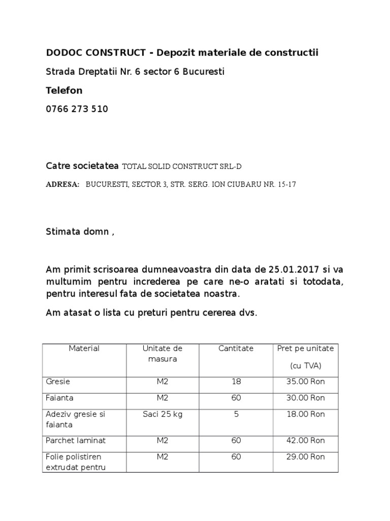 Raspuns Cerere Oferta