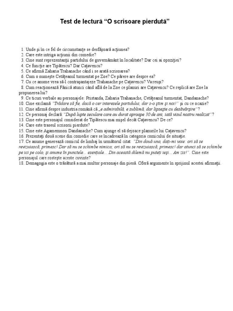 Test de lectura - O scrisoare pierduta