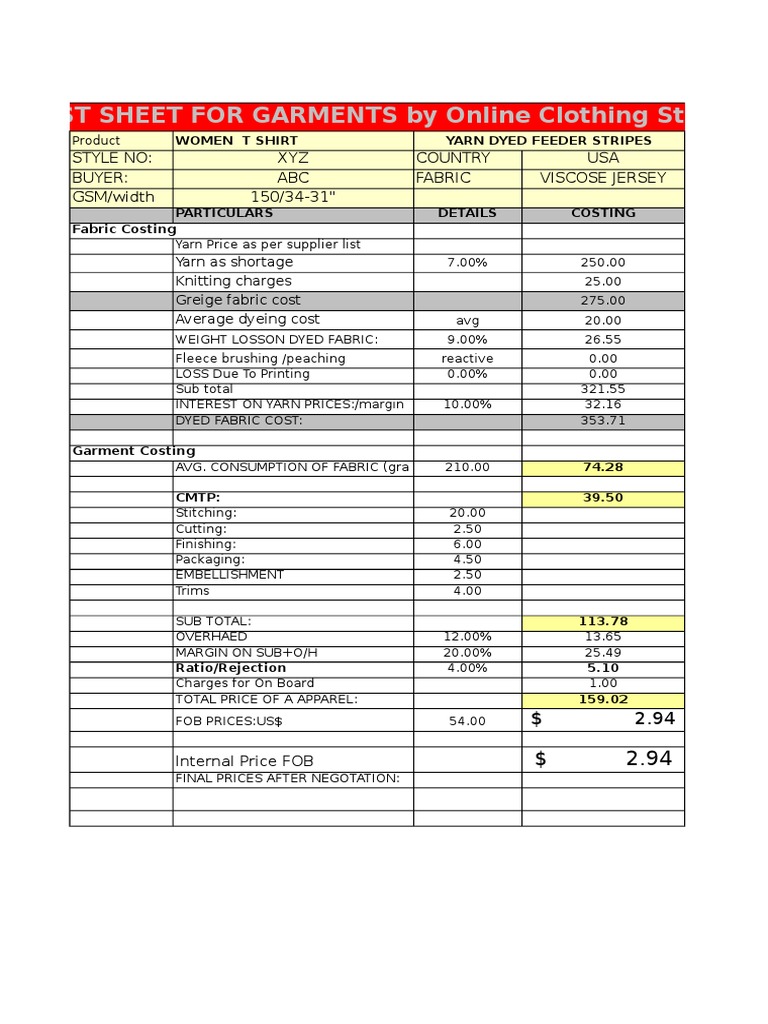 Garment Sample Costing Sheet PDF Dyeing Textiles