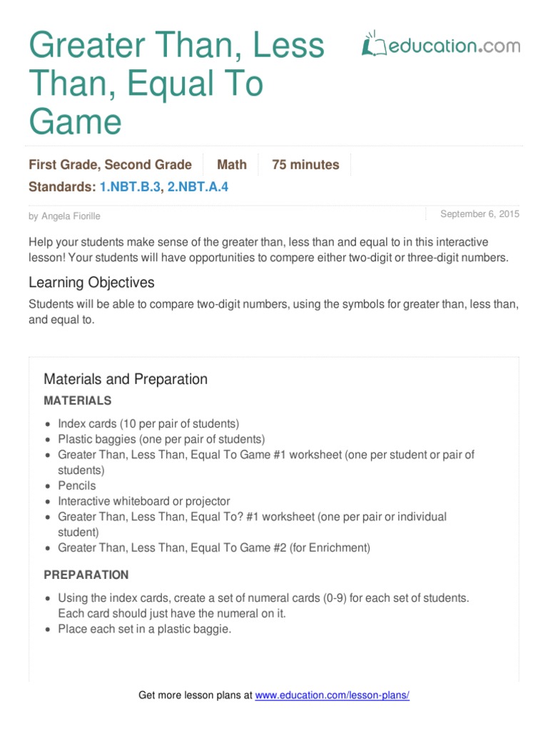 worksheet Greater Than Less Than Equal To Worksheet greater than less equal to game lesson plan educational assessment