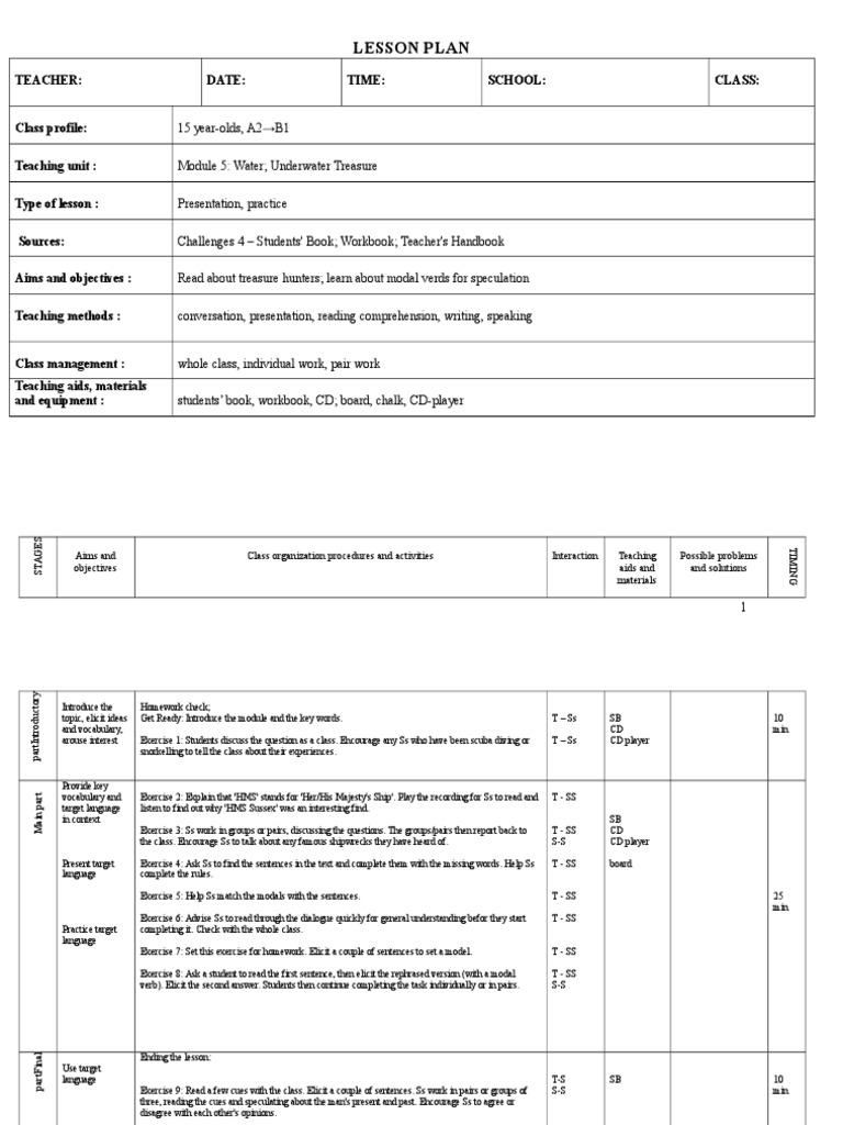 Lesson Plan: Teacher: Date: Time: School: Class | PDF | Teaching Method ...