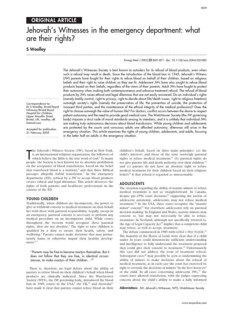 Rights of Jehovah's Witnesses in the Emergency Department Examining