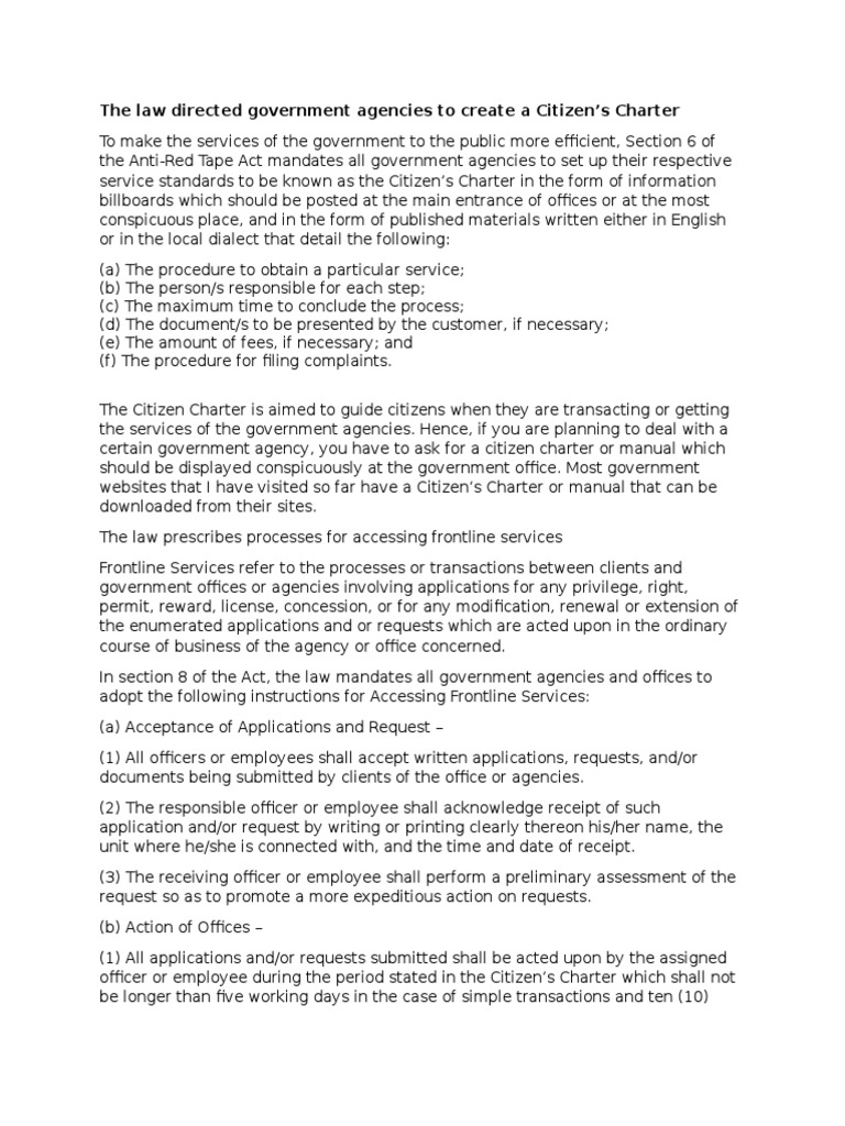 The Law Directed Government Agencies To Create A Citizen's Charter ...