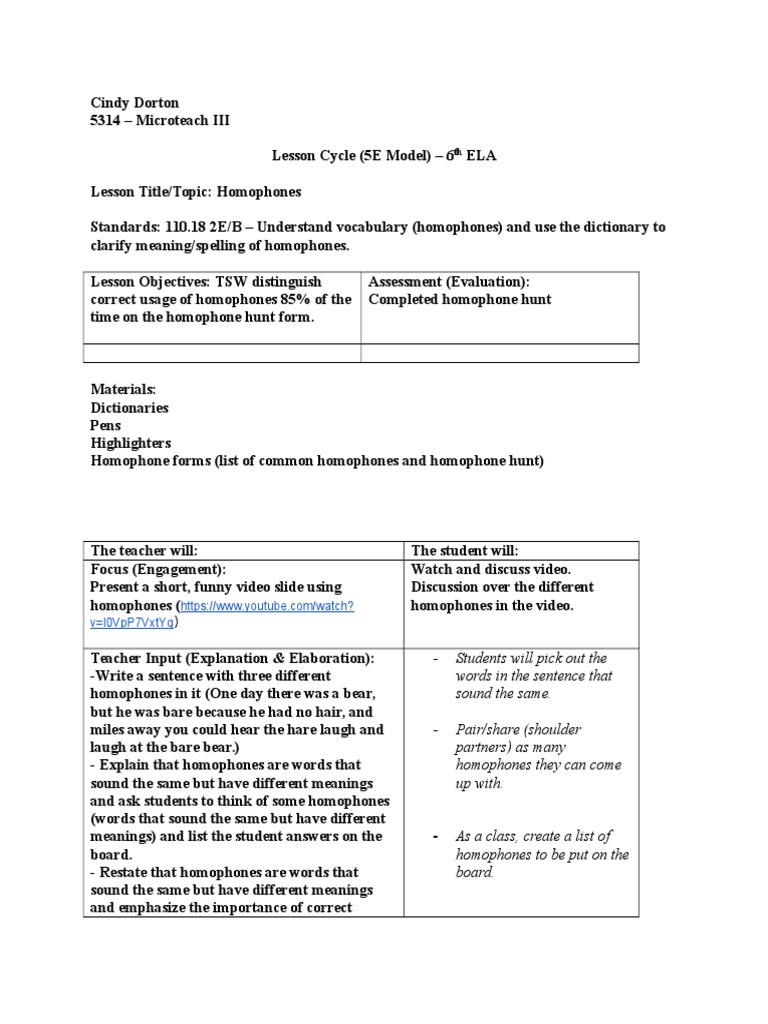 homophone lesson plan 1 Spelling Lesson Plan