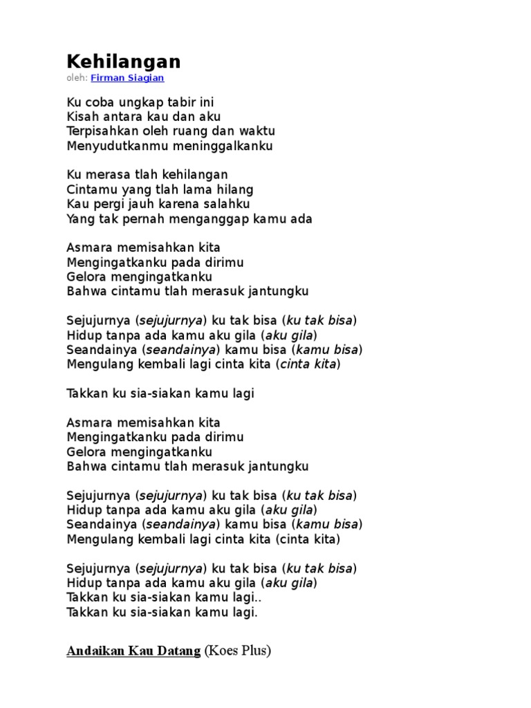 Lirik Lagu Kehilangan