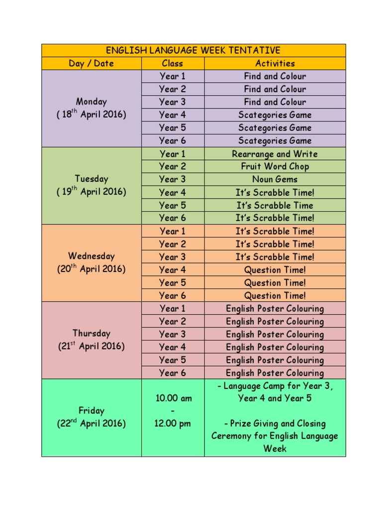 English Language Week Schedule | PDF | English Language | Leisure