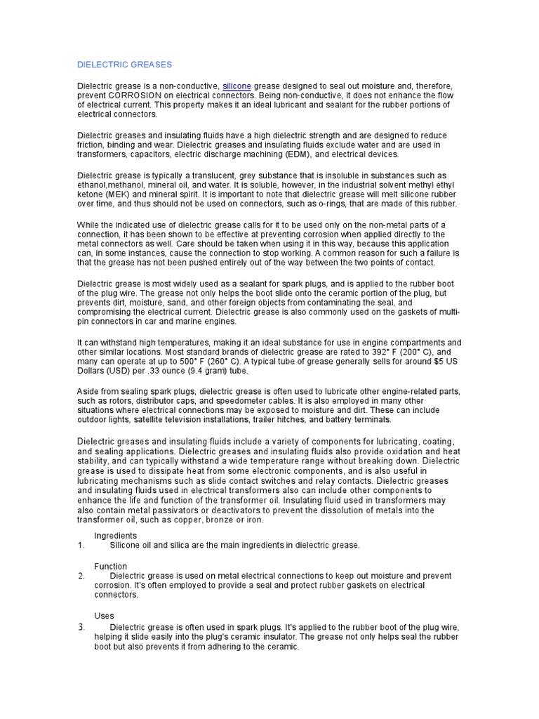 Dielectric Greases Article PDF Electrical Connector Silicone