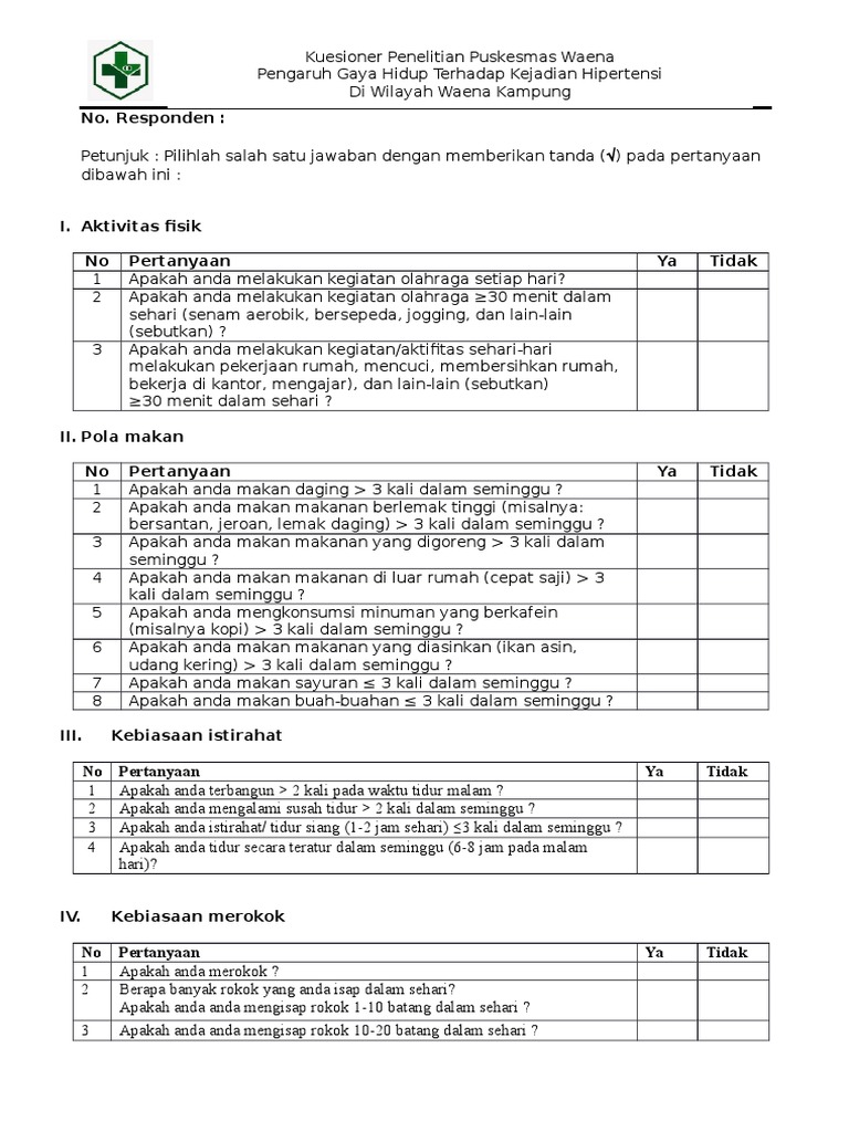 Kuesioner Pengaruh Gaya Hidup Terhadap Kejadian Hipertensi Di PKM Waena