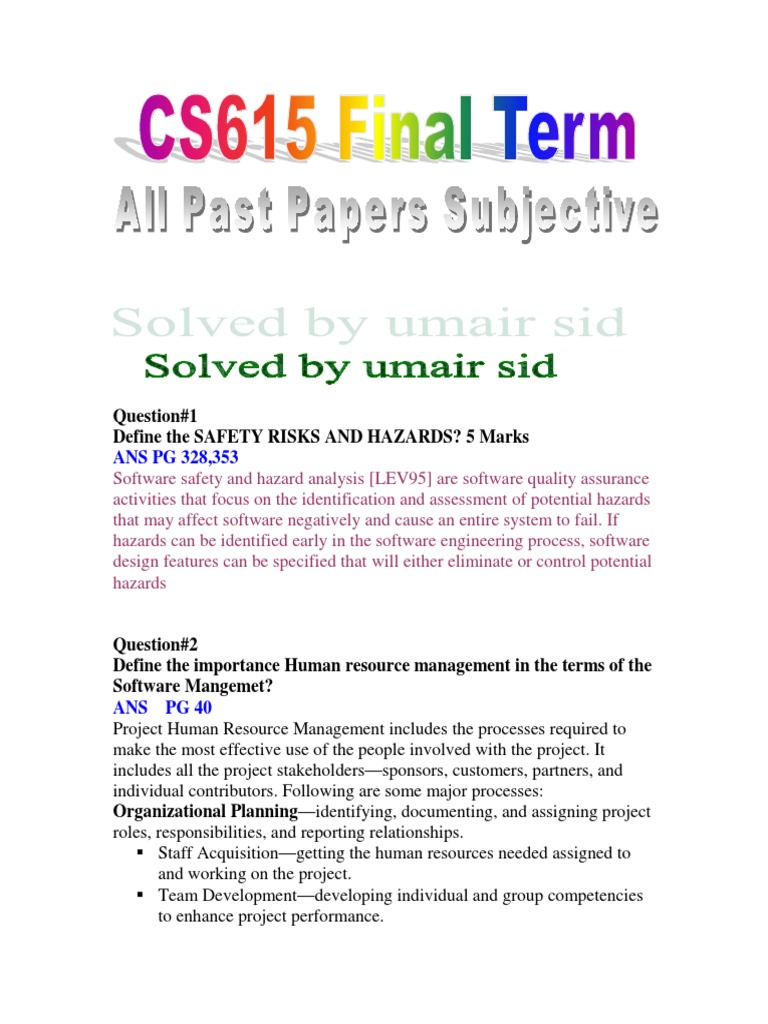 CS615 Midterm Study Guide Summary | PDF | Software Quality | Risk ...