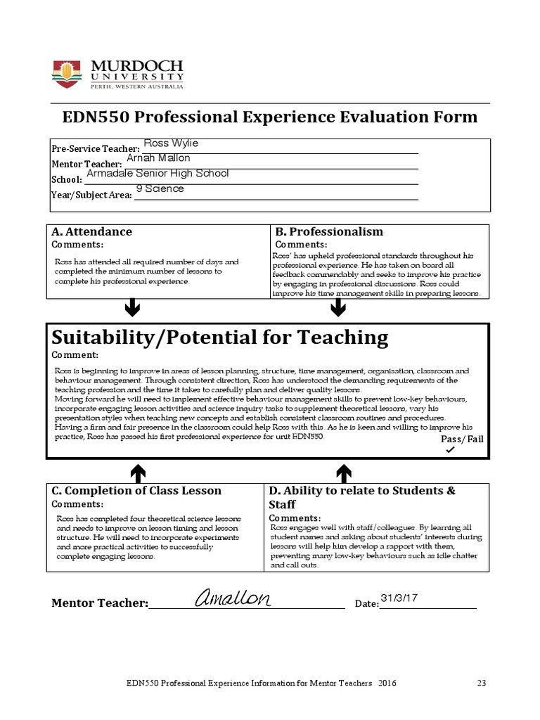Edn550 Evaluation Form Ross Wylie2 | PDF | Mentorship | Teachers