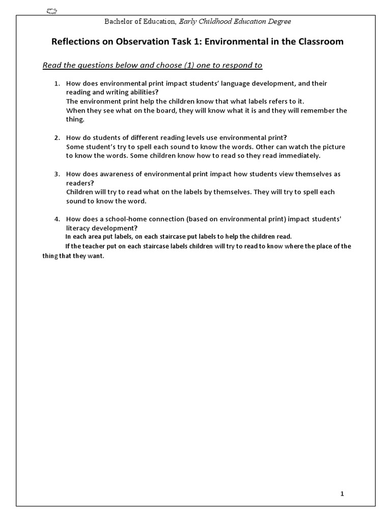 Reflections on Observation Task 1 Environmental in the Classroom