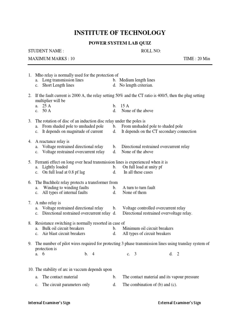 Power System Lab Quiz | PDF | Relay | Electric Power System