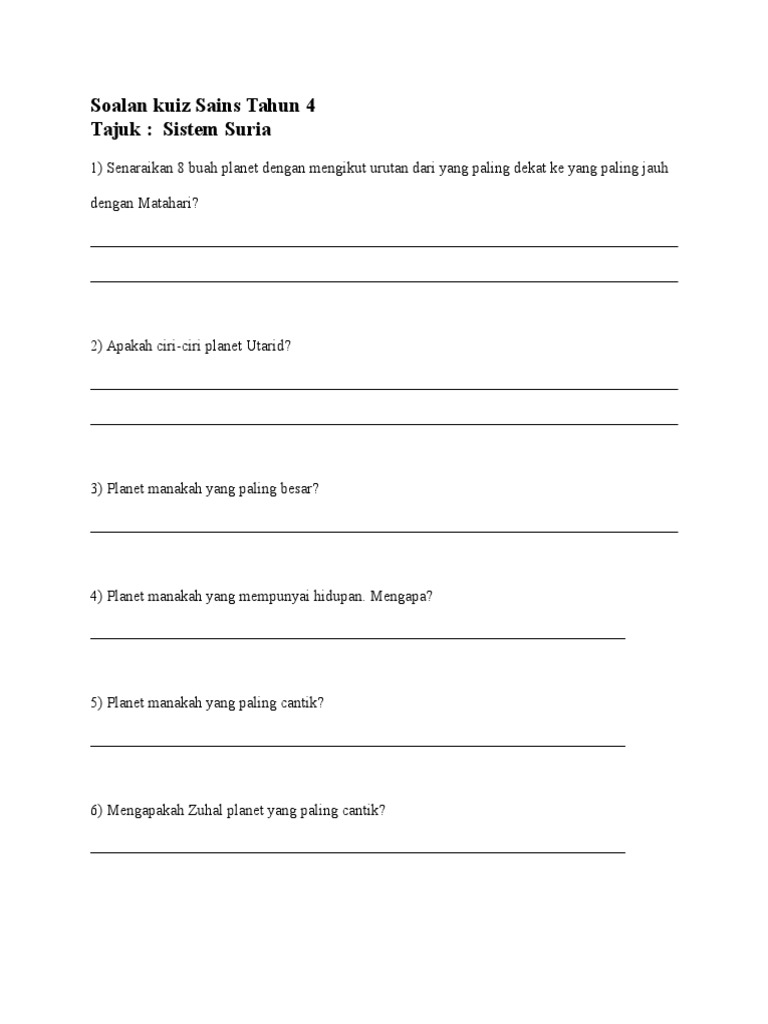 Soalan Kuiz Sains Tahun 4