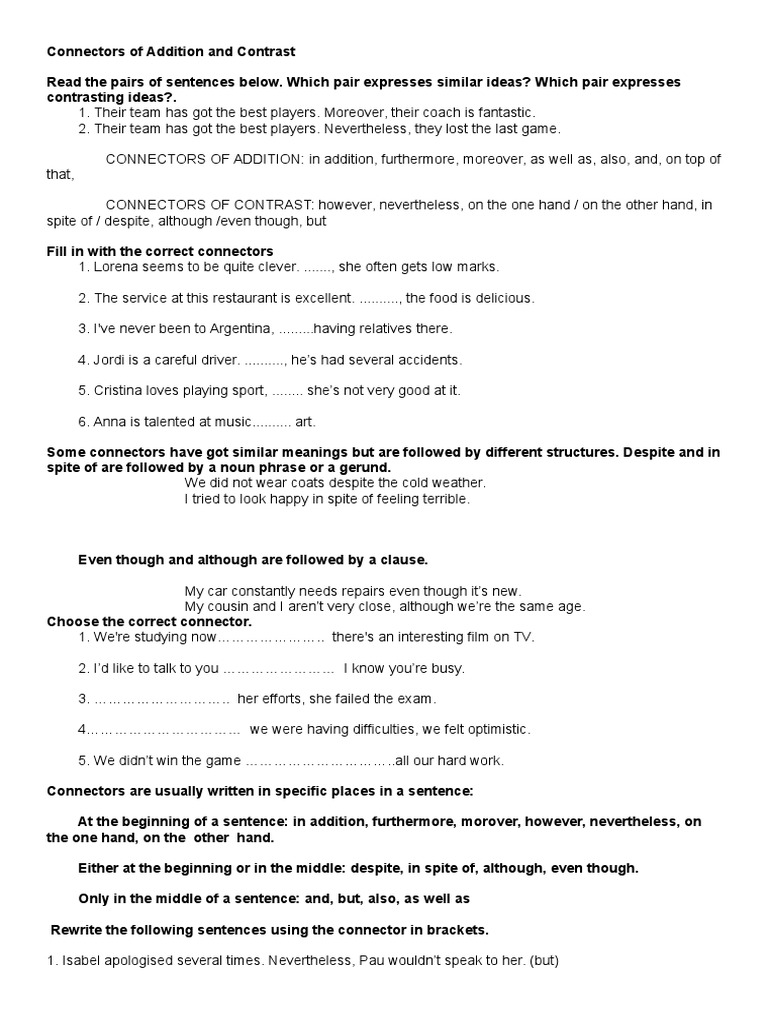 Connectors of Addition and Contrast PDF