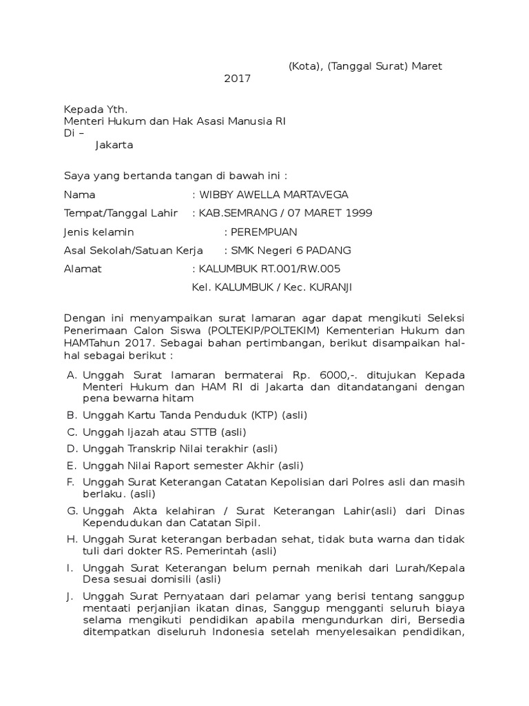 Download Contoh Surat Lamaran Kerja Cpns Kementerian Hukum Dan Ham