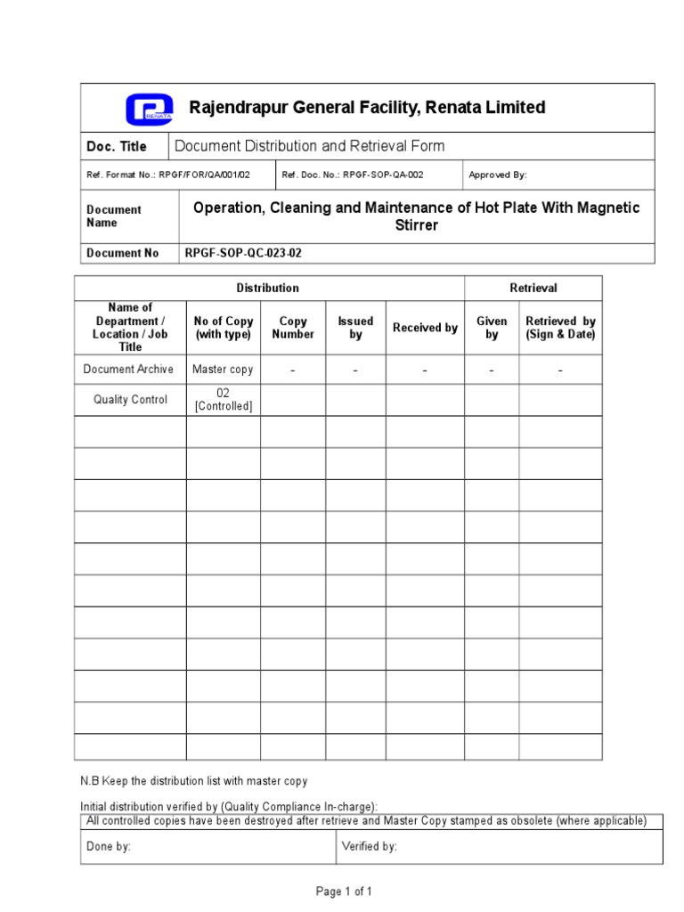 Rajendrapur General Facility, Renata Limited Document Distribution and