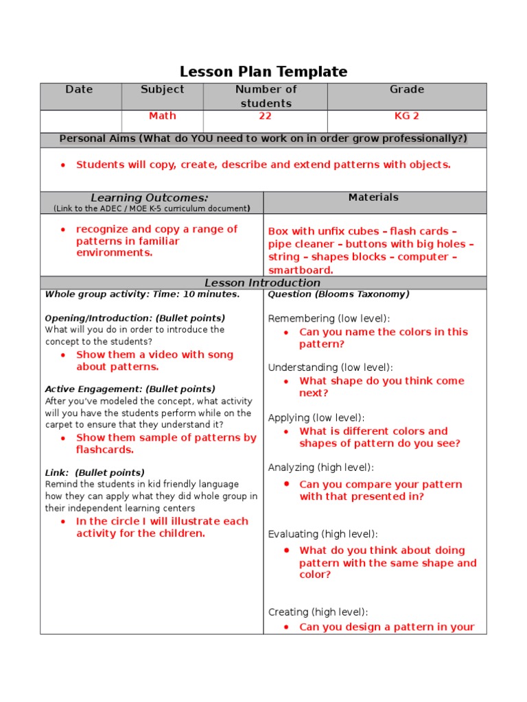 Grade 1 Patterns Lesson Plan | PDF | Lesson Plan | Pedagogy