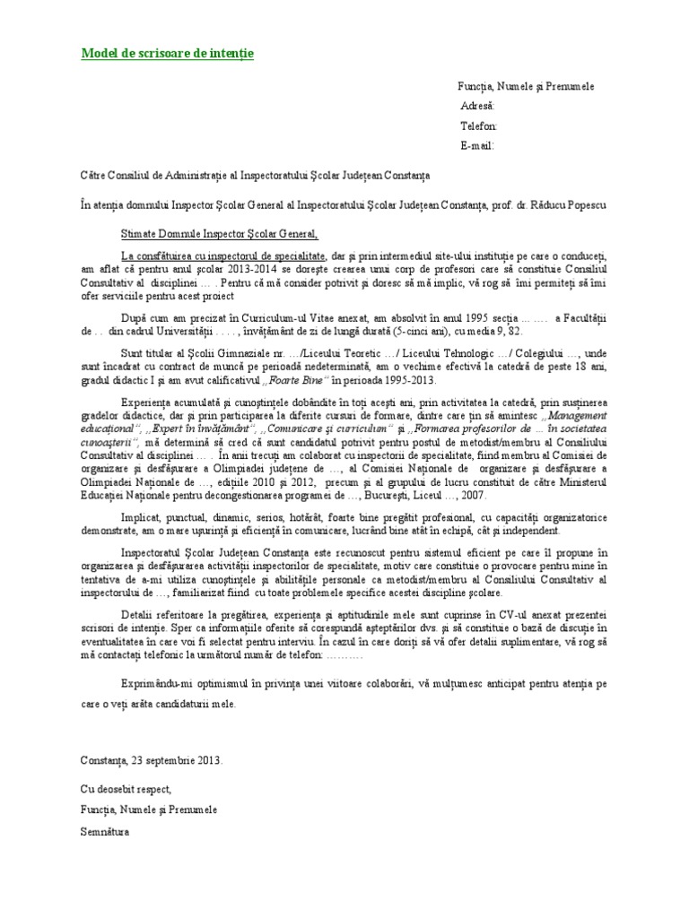 Model Scrisoare de Intentie | PDF