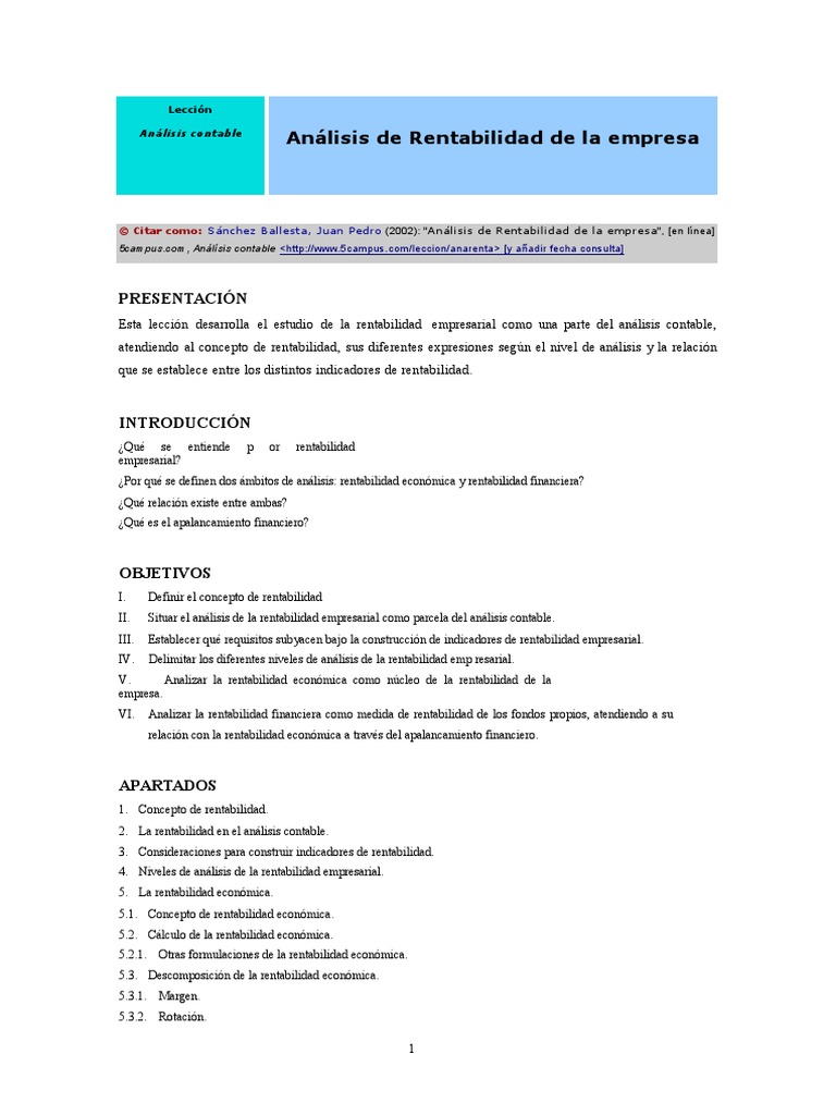 Analisis de La Rentabilidad de La Empresa | PDF | Rentabilidad sobre ...