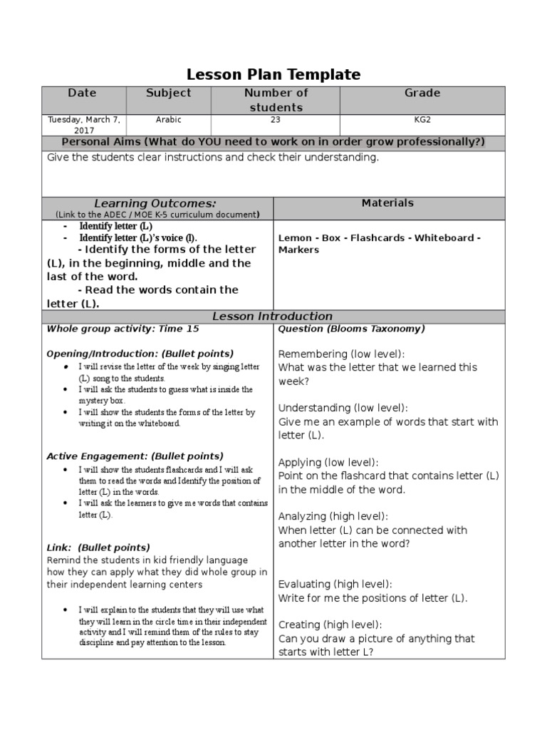 Lesson Plan Template: Date Subject Number of Students Grade | PDF ...