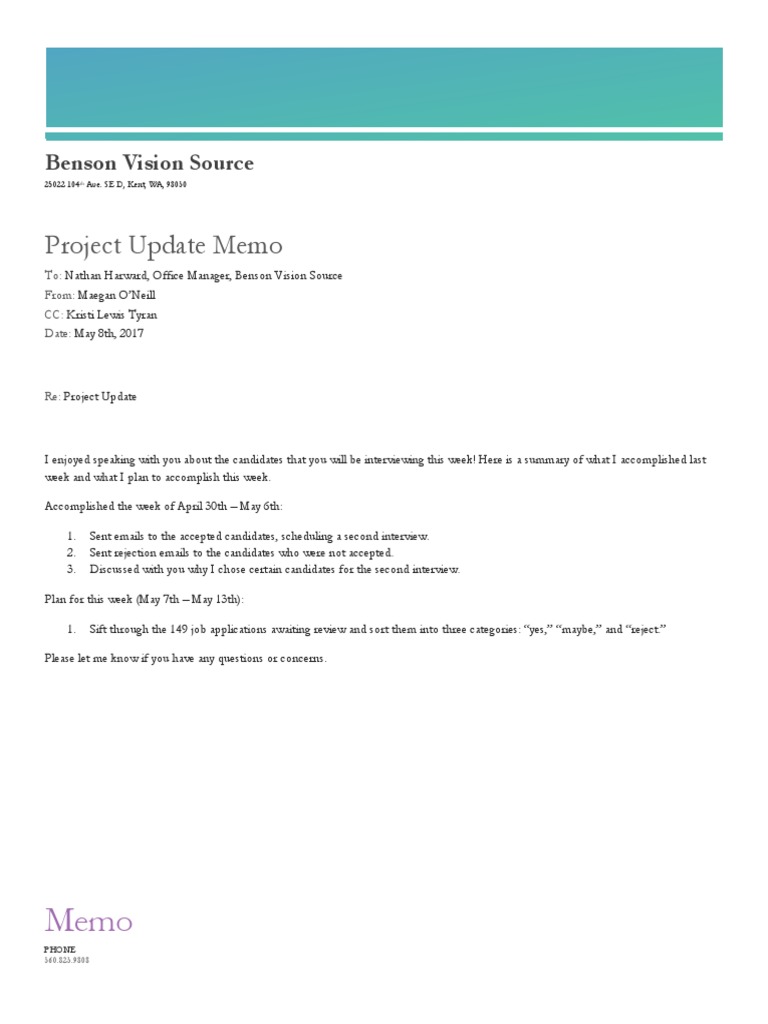Project Update Memo Benson Vision Source PDF