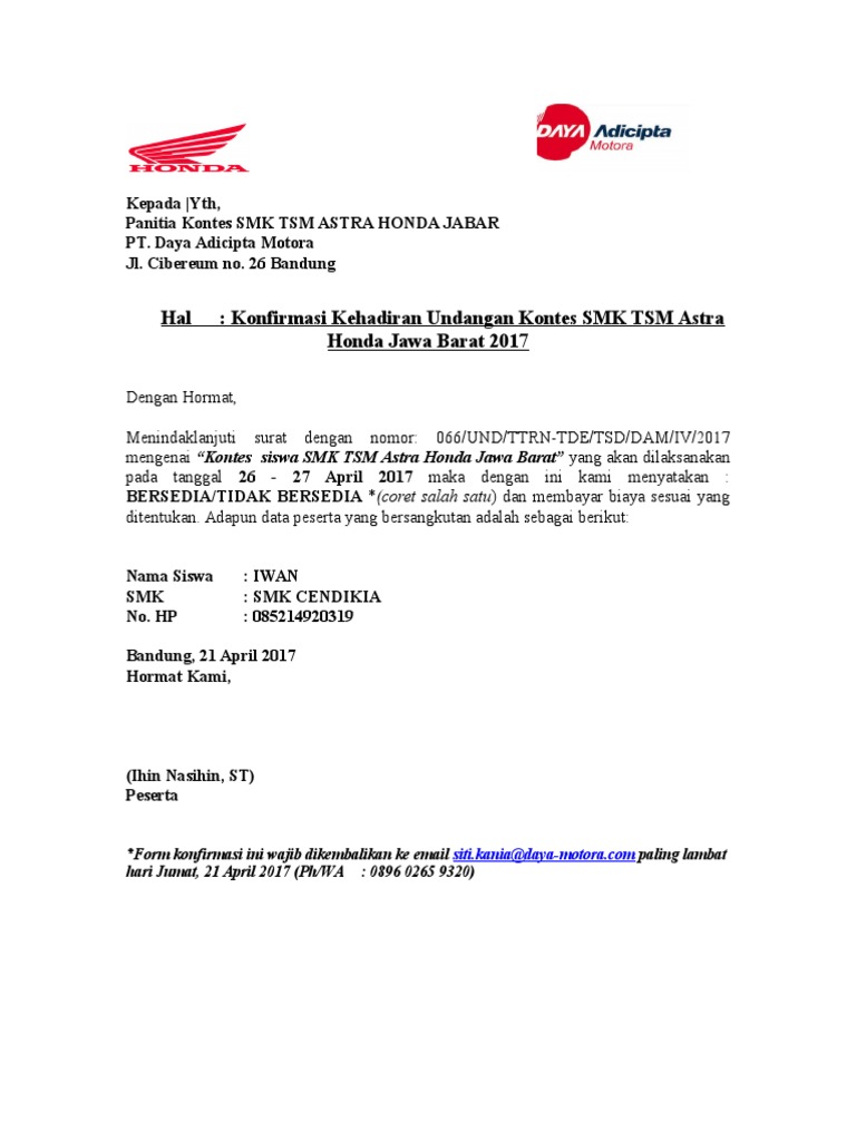 Contoh Surat Konfirmasi Kehadiran 37 Jakarta Selatan 12150.