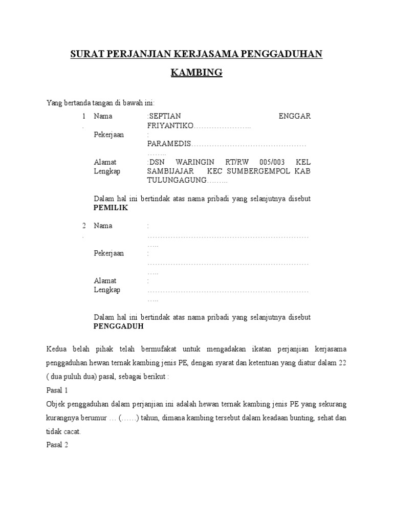 Surat Perjanjian Kerjasama Penggaduhan Kambing