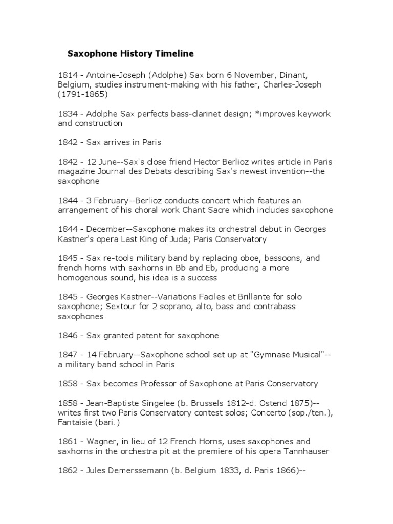 Saxophone History Timeline Saxophone Alto Saxophone