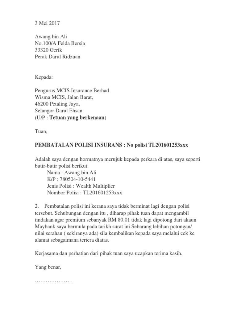 Contoh Surat Potong Insuran Mcis | PDF