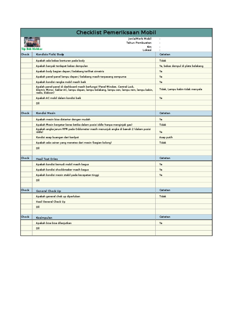 Checklist Inspeksi Mobil Lengkap | PDF