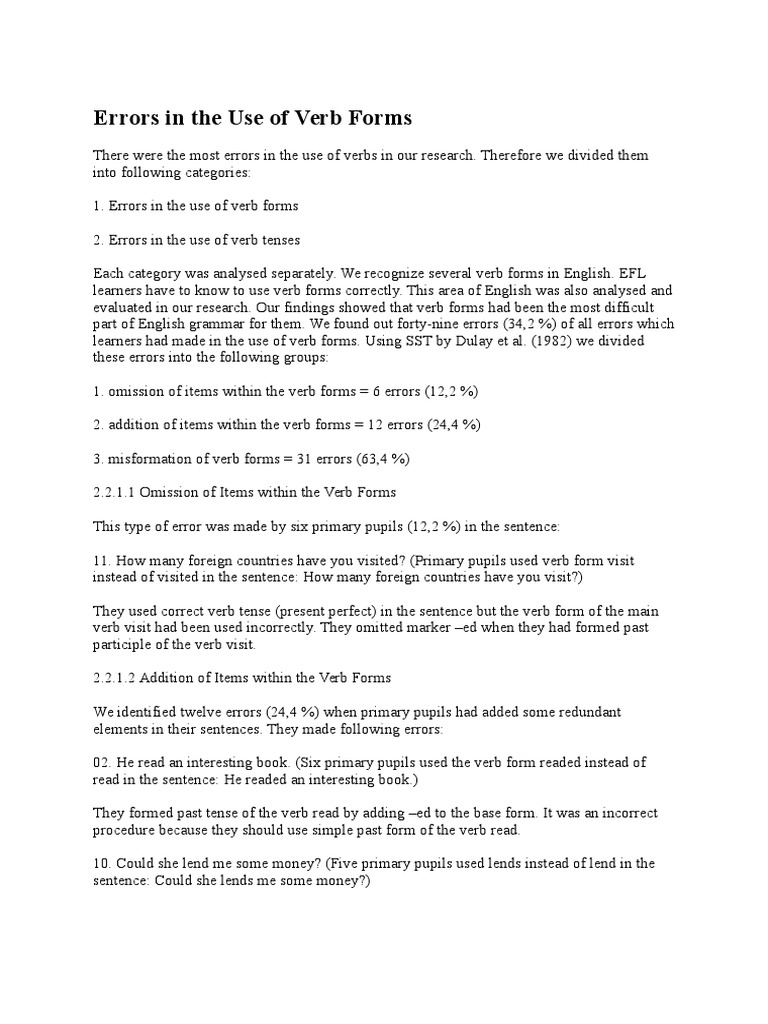 Errors in The Use of Verb Forms PDF Verb Grammatical Number