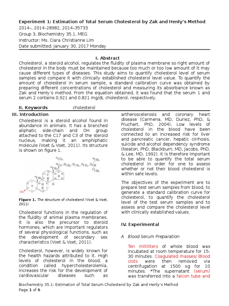 Experiment 1 Estimation of Total Serum Cholesterol by Zak and Henly's