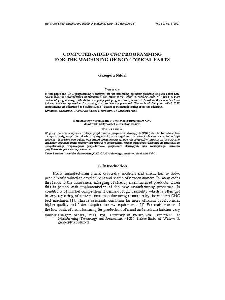 Computer-Aided CNC Programming For The Machining of Non-Typical Parts | PDF image.