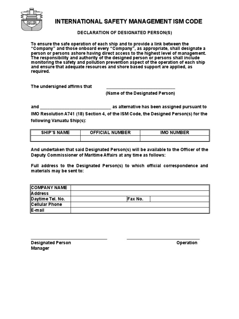 ISM Code Declaration for Vanuatu Ships | PDF | Fax | Government