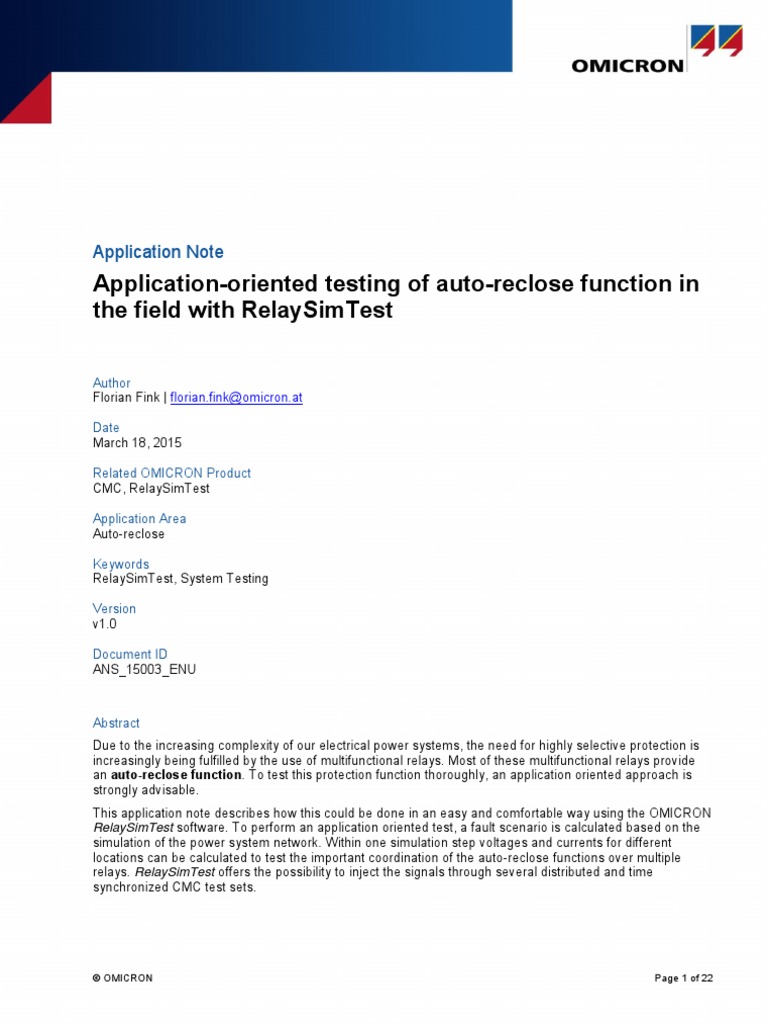 RelaySimTest AppNote Application Oriented Testing Auto Reclose Function