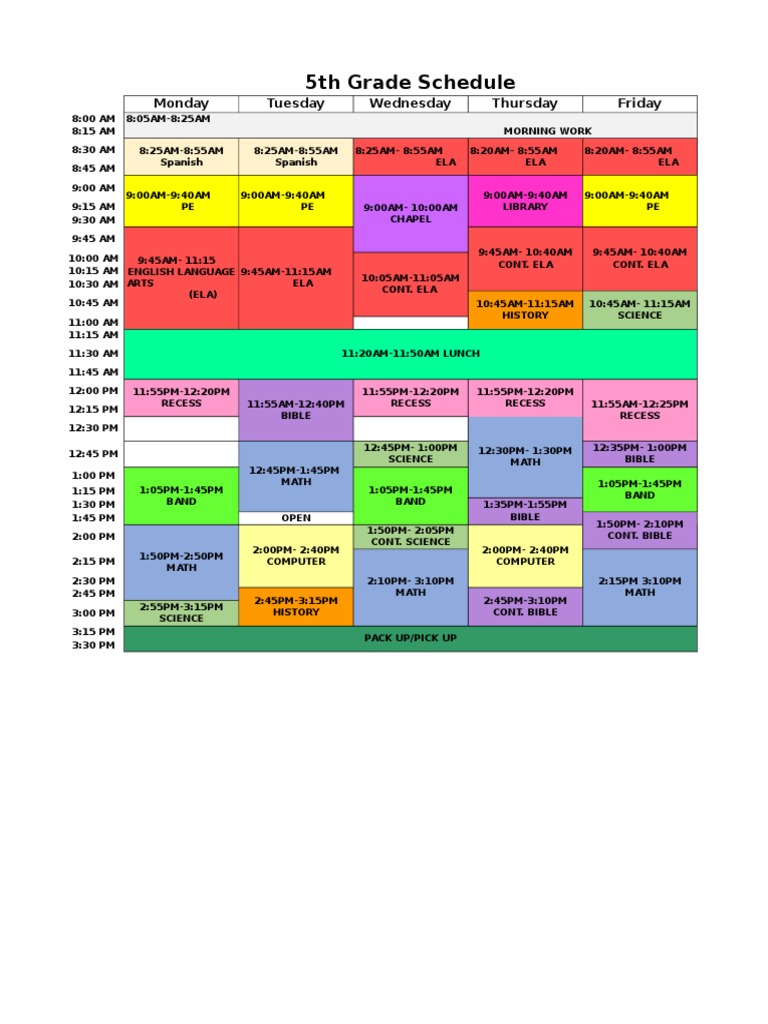 5th grade schedule monday tuesday wednesday thursday friday pdf