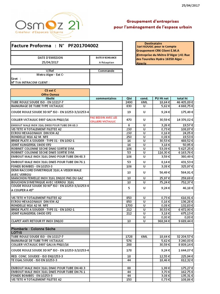 Facture Proforma Fournitures Métalliques | PDF