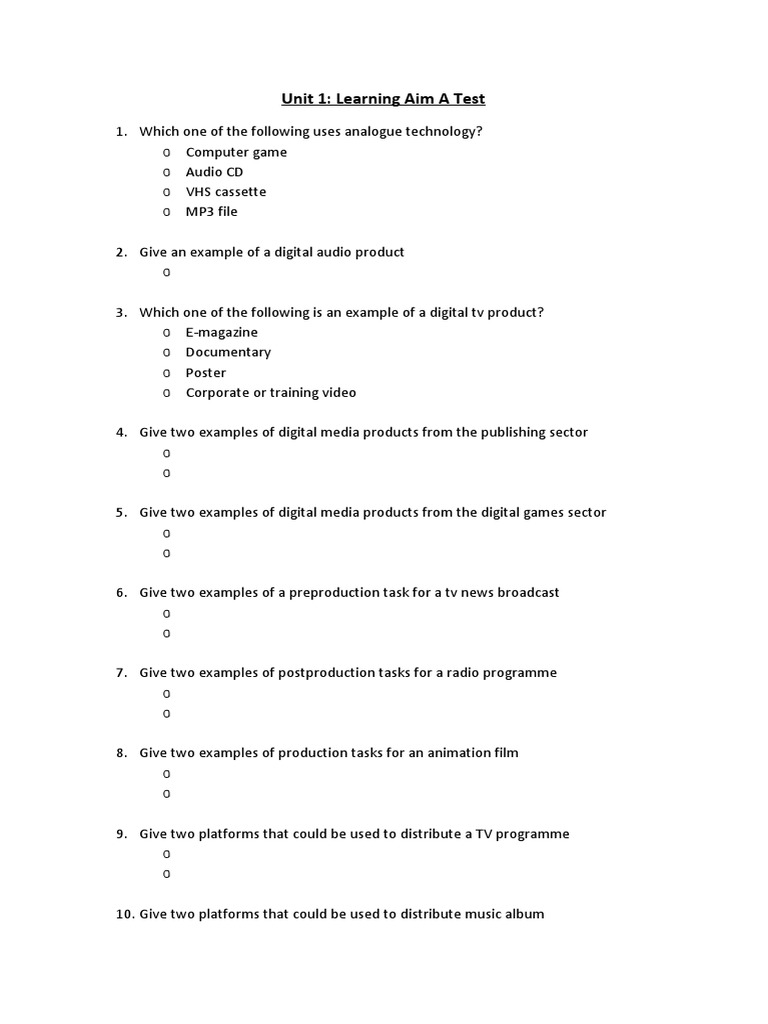 Unit 1: Learning Aim A Test | PDF | Games & Activities | Art