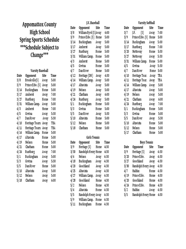 Appomattox County High School Spring Sports Schedule Schedule Subject To Change PDF Ball