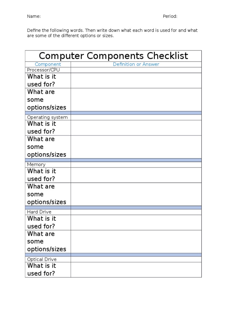 Computer Components Checklist Component Definition or Answer PDF